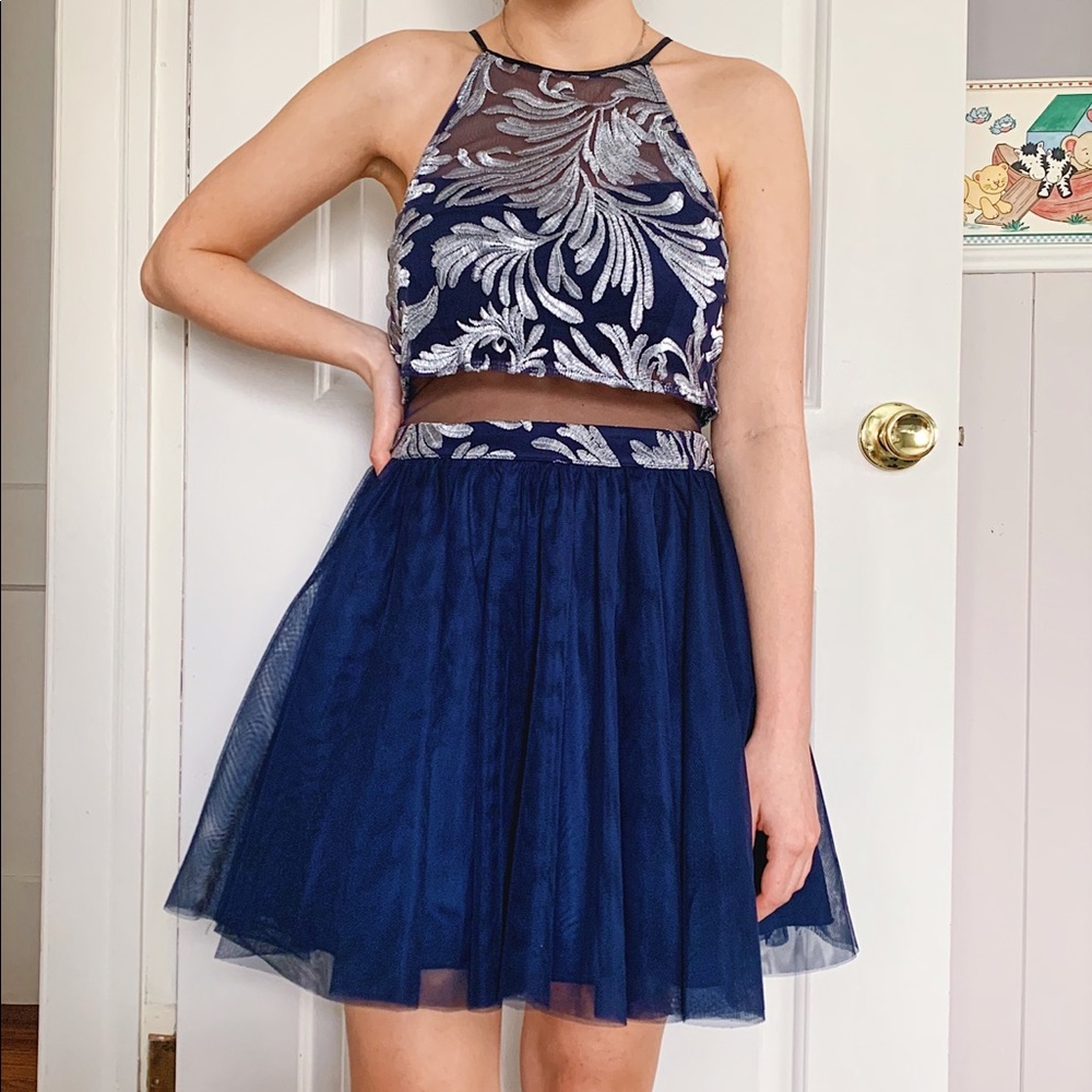 Short Navy+Silver High Neck Dress w Mesh Insert